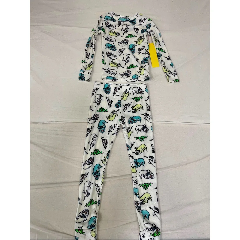 Cat & Jack Kids Shark Fleece Pajama Set White Blue Green Size 6 NWT